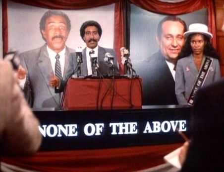 In the film 'Brewster's Millions' (1985), millionaire Monty Brewster enters the New York Mayoral electoral race urging a vote for "None of the Above."